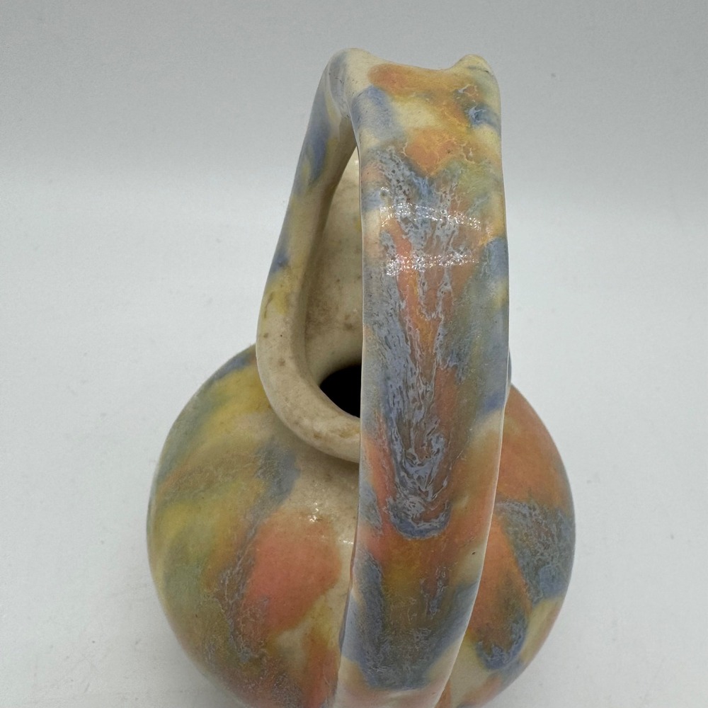 Vintage MCM Sculptural Loop Handle Ewer Vase Pastel Drip Glaze Pitcher Art Deco - Picture 4 of 10